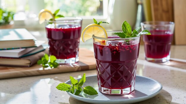 Suco de rosel em um copo pronto para beber