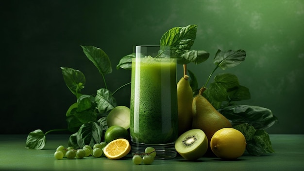 Suco de smoothie verde com um fundo verde e um monte de frutas