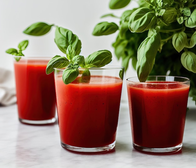 Suco de tomate com manjericão fresco e hortelã em um fundo preto