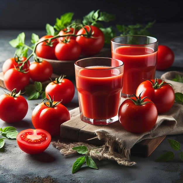 Suco de tomate em copos de vidro e tomates frescos maduros em um galho