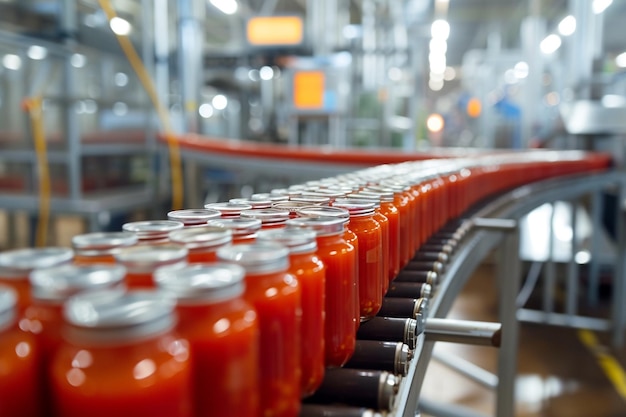Suco de tomate em garrafas na correia transportadora na fábrica com IA gerada