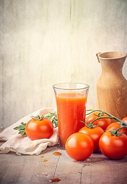 Suco de tomate fresco e tomate fresco em fundo rústico