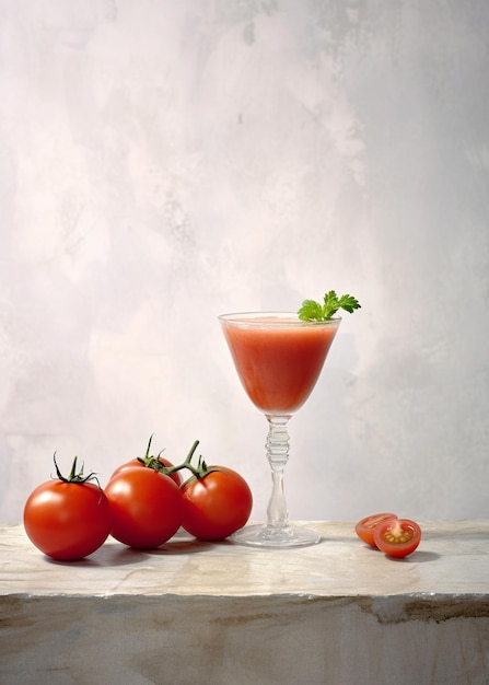 Suco de tomate fresco e tomate fresco em fundo rústico