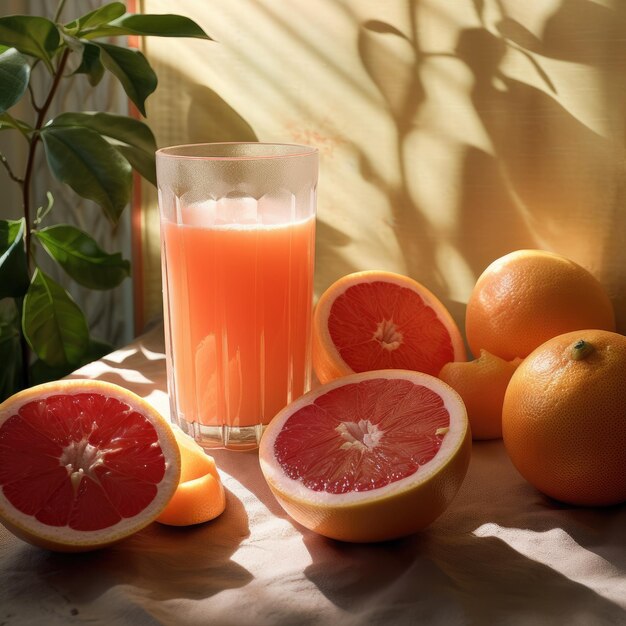 Suco de toranja com toranja fresca em uma mesa conceito de bebida vibrante e saudável