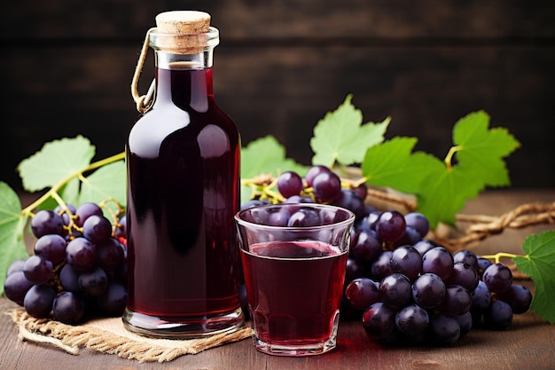 Suco de uva em garrafa ao lado de um brunch de uvas em fundo de madeira