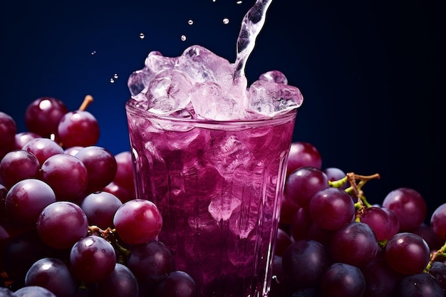 Foto suco de uva sendo derramado em um copo com um fundo de cachos de uvas