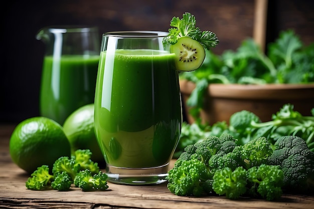 Suco de vegetais verdes em copo entre ingredientes frescos IA generativa