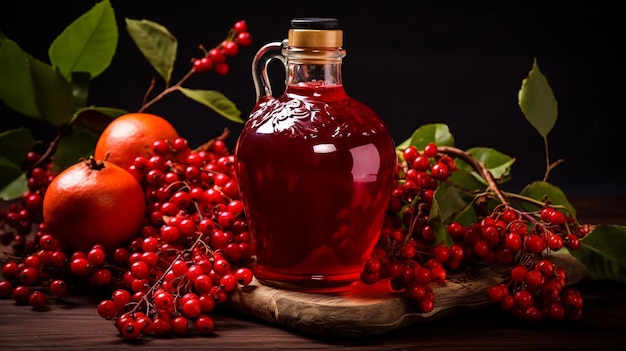 Foto suco de yangmei em um frasco vintage suco de yangmei picante com fundo escuro