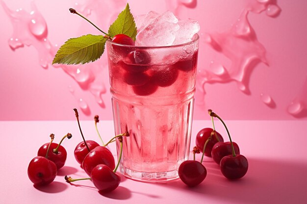 Foto suco gelado em um copo com cereja seca vista de alto ângulo em uma superfície rosa