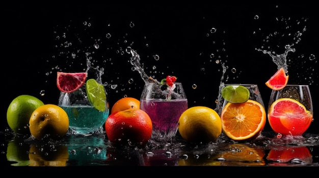 Sucos de frutas coloridas e sucos são servidos em copos e a palavra fruta está no canto inferior direito.