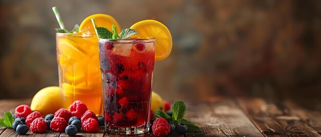 Sucos de frutas refrescantes servidos em copos com palhinhas em uma mesa de madeira Conceito Sucos de fruta Garnidos Bebidas refrescantes Bebidas de verão Bebidas tropicais Coquetéis