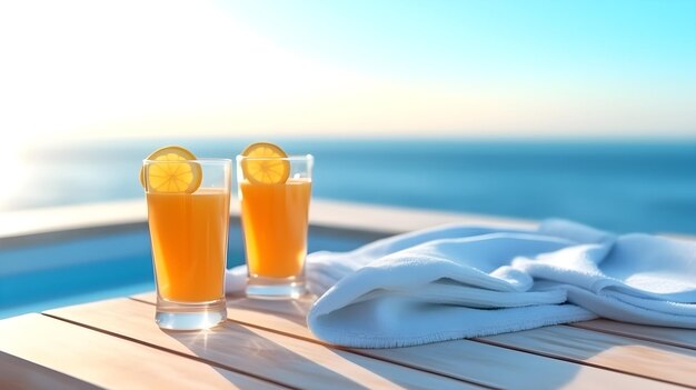 sucos de laranja na mesa de madeira perto da piscina do resort