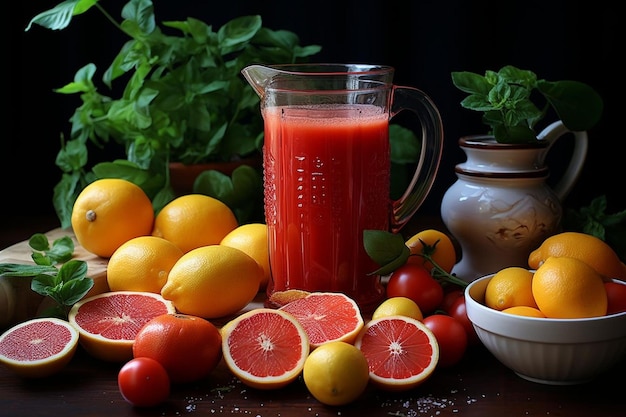 Sucos de tomate de citrinos saudáveis Fotografia de suco de tomate