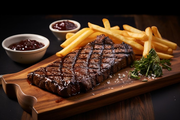 Sucoso filete americano con papas fritas crujientes y salsa salada servido en el bar