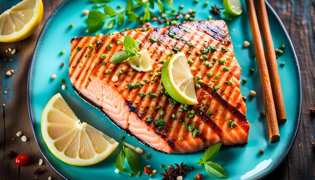 Foto sucoso filete de salmón a la parrilla con especias de limón y lima en un plato de pescado azul turquesa