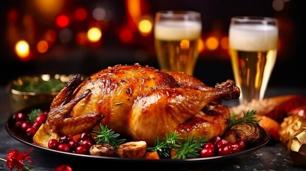 Sucoso y sabroso pavo asado en un plato con decoraciones navideñas pollo asado con verduras pollo asados fiesta todo tipo de comida cerveza AI generativa