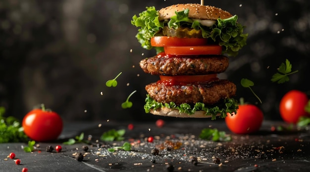 Una suculenta hamburguesa de queso doble con verduras frescas y tomates en el aire con ingredientes esparcidos alrededor