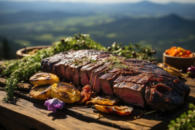 Suculenta picaña asada y coloridas verduras frescas generativa IA