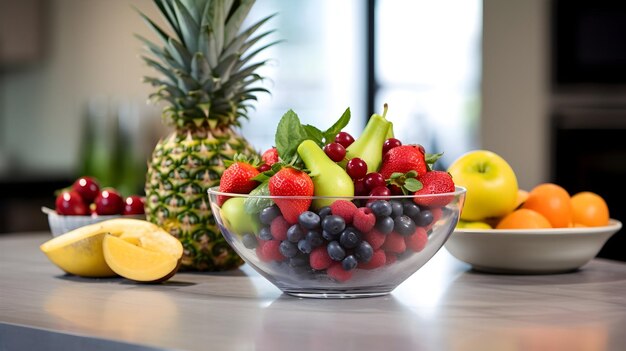 Una suculenta variedad de frutas frescas en un cuenco cristalino