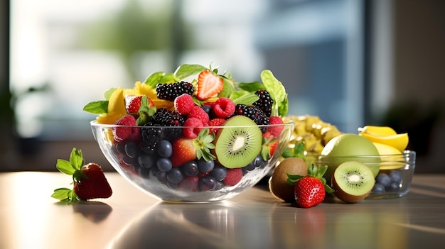 Foto una suculenta variedad de frutas frescas en un cuenco cristalino