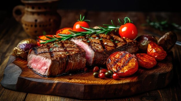 Suculentas porciones gruesas y jugosas de filete a la parrilla con papas y tomates