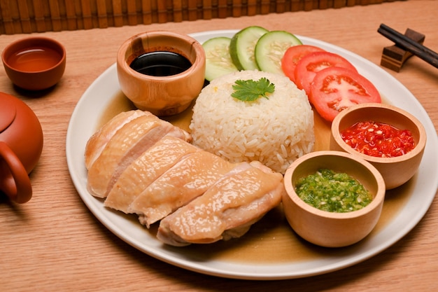 Suculento arroz de frango Hainanês com pimenta especial e molhos de soja doce - conceito de comida asiática