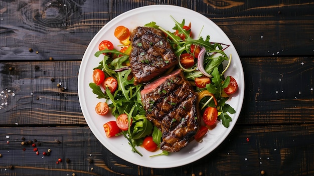 suculento filete de carne a la parrilla servido en un plato blanco con una ensalada colorida sobre un fondo de madera oscura
