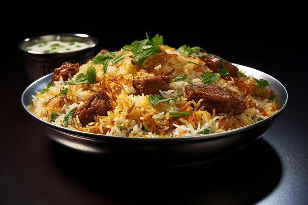 Foto suculento hyderabadi lamb biryani em fundo branco biryani fotografia de imagem