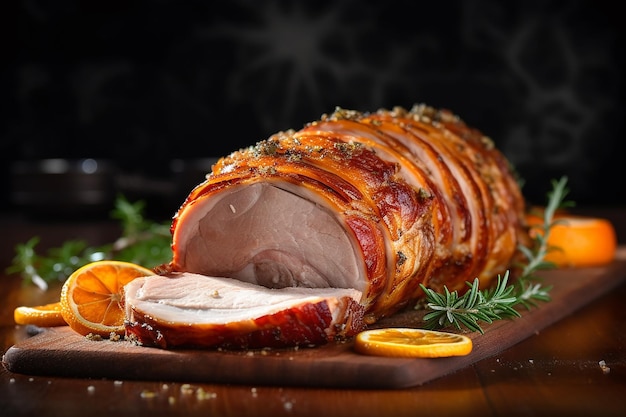 Un suculento lomo de cerdo asado con naranjas de romero y condimentos navideños presentado en una tabla de cortar de madera