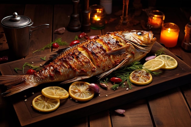 Suculento pescado a la parrilla delicioso en la mesa de cocina de madera rústica AR 32