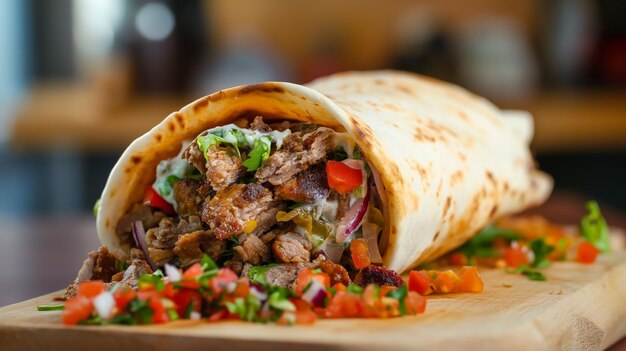 Un suculento shawarma lleno de carne a la parrilla y verduras vibrantes artísticamente presentado en una tabla rústica