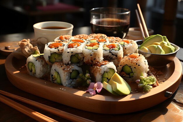 Suculentos rollos de sushi adornados con sésamo en un plato de madera que invitan a probar la cocina japonesa