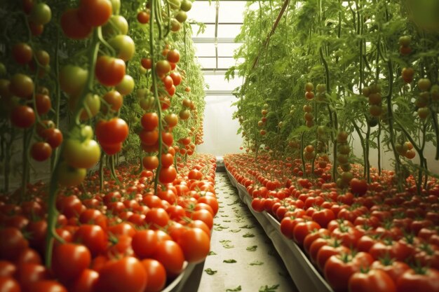 Suculentos tomates vermelhos são suspensos em um caule em um ambiente controlado para crescimento ideal