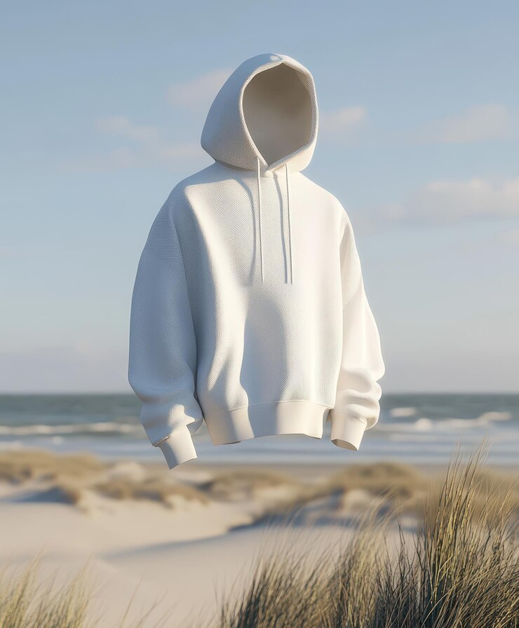 una sudadera blanca con capucha de pie en la arena en una playa