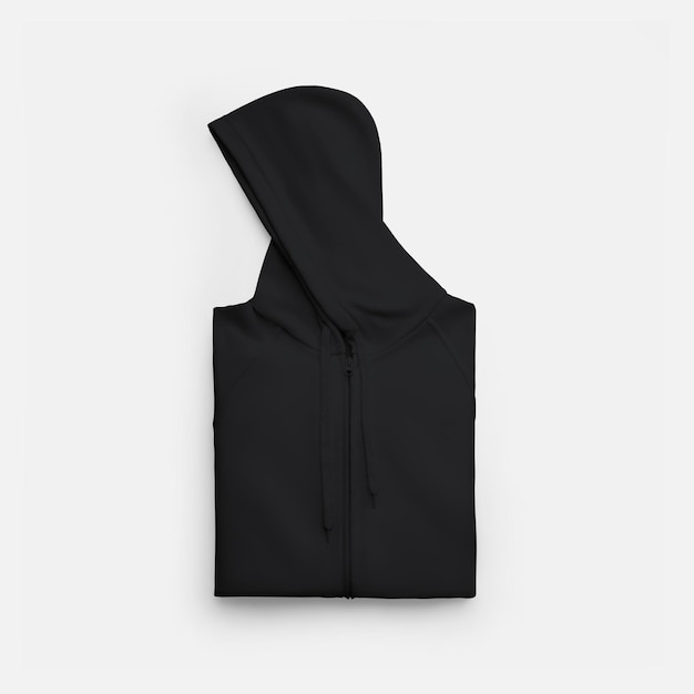 sudadera con capucha negra con cremallera de bolsillo colgada en una vista frontal de suspensión de plástico aislada en el fondo
