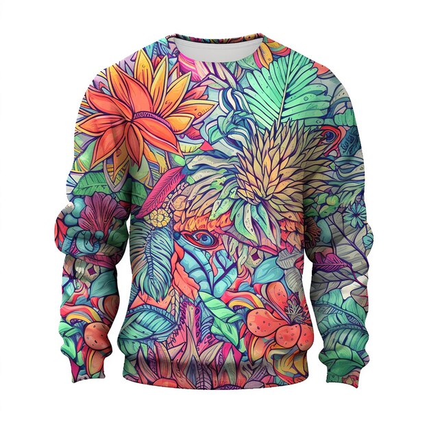 Una sudadera de cuello de tripulación de manga larga de color exótico y audaz con un fondo blanco con estampado floral vibrante