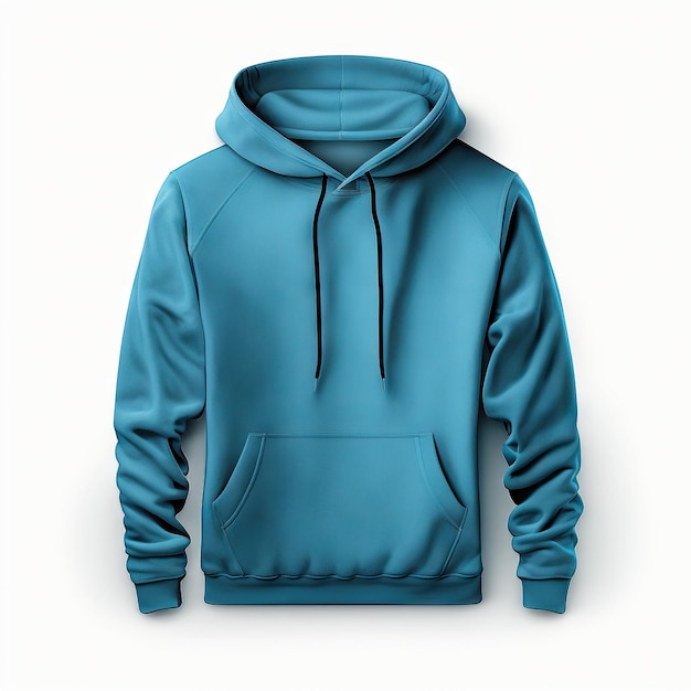 Sudadera de maqueta con capucha azul con bolsillo aislado sobre fondo blanco