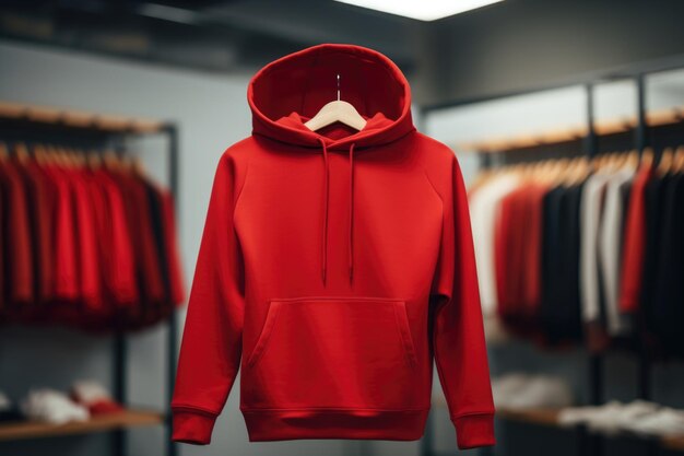 Una sudadera roja con capucha en una percha en una tienda de moda estilo de ropa casual