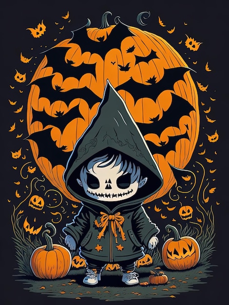 Foto sudaderas con capucha de calabaza con encanto de halloween, camisetas mágicas y batthemed