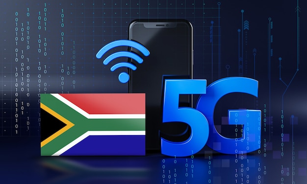 Sudáfrica lista para el concepto de conexión 5G. Fondo de tecnología de teléfono inteligente de renderizado 3D