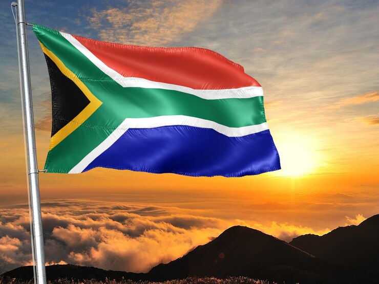 Sudáfrica Ondeando la bandera contra la puesta de sol hermoso paisaje nocturno ilustración 3d