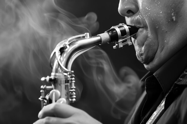 Foto el sudor en la frente de los saxofonistas mientras tocan un ritmo alto