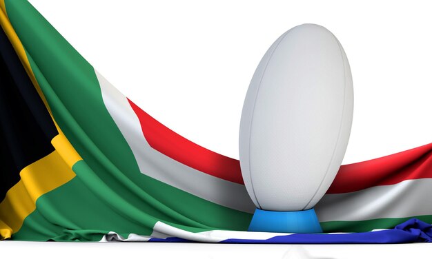 Südafrika-Flagge mit Rugby-Sportball 3D-Rendering