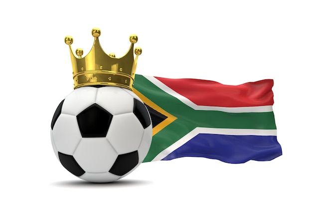 Südafrika-Flagge und Fußball mit Goldkrone 3D-Rendering