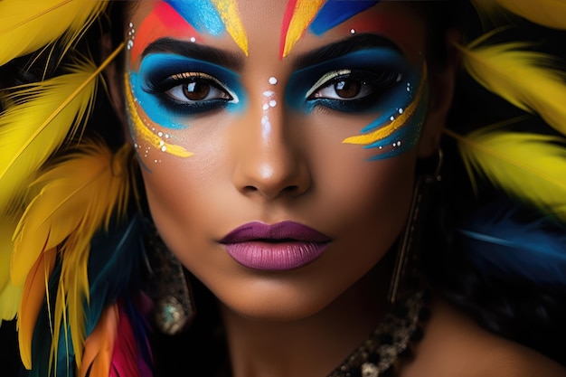 Südamerikanische Frau mit buntem Make-up vor blauem und orangefarbenem Hintergrund