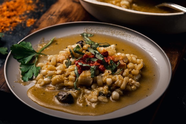 Südamerikanische Gastronomie Eine leckere Schüssel mit argentinischem Locro mit Kürbis und Mais