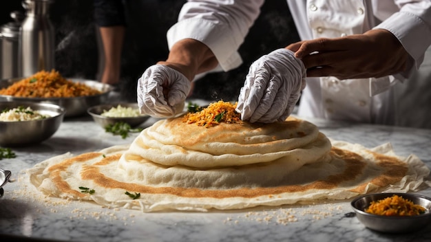 Südindische Dosa-Zubereitung durch Erfassung der Hände der Köche