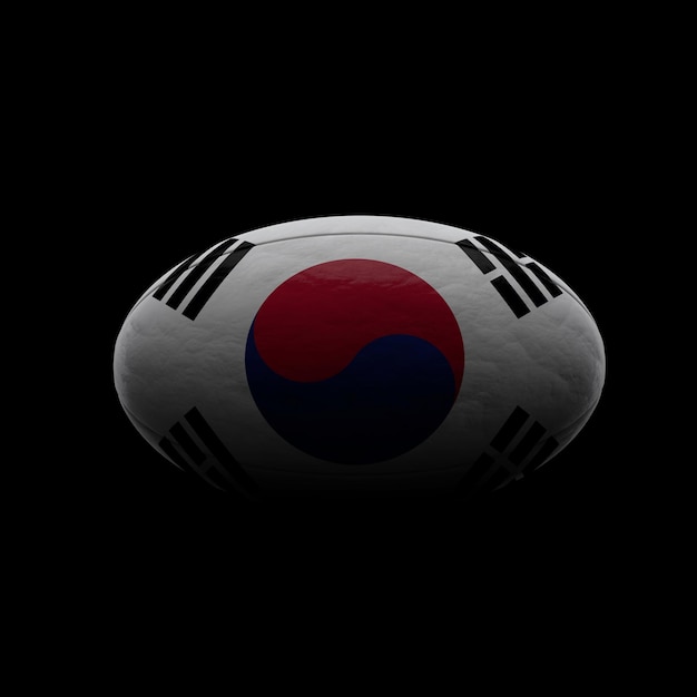 Südkorea-Flaggen-Rugby-Ball vor schwarzem Hintergrund d-Rendering