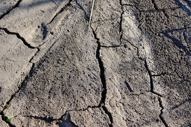 Suelo agrietado con unos pequeños agujeros en el primer plano aislado medio