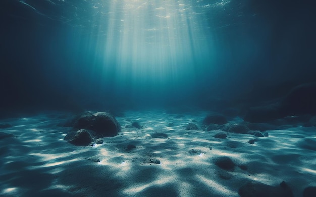 el suelo de arena submarino la luz brilla bajo el agua el agua clara el fondo marino vacío la superficie de arena